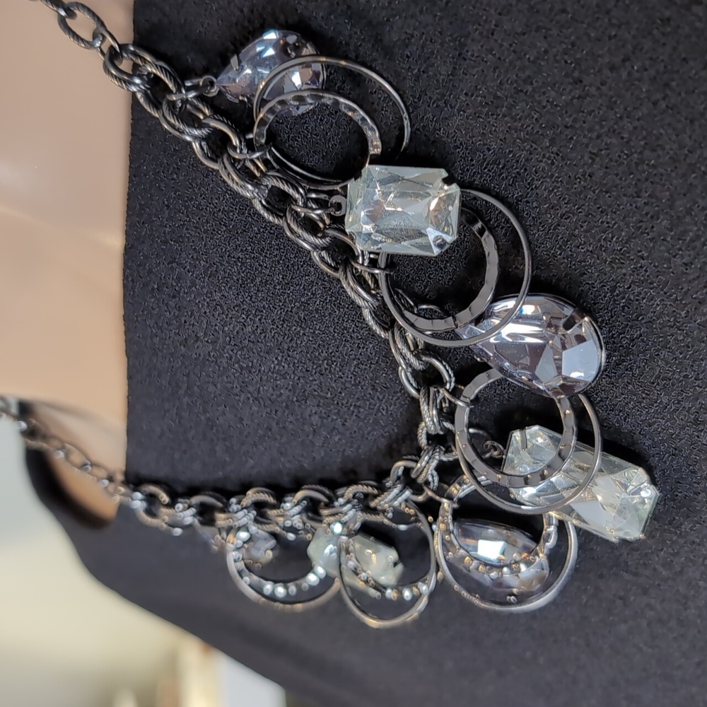 Hammered Gunmetal Statement Fashion Necklace Crystal Charms Chunky Chain Jewelry - Picture 4 of 11